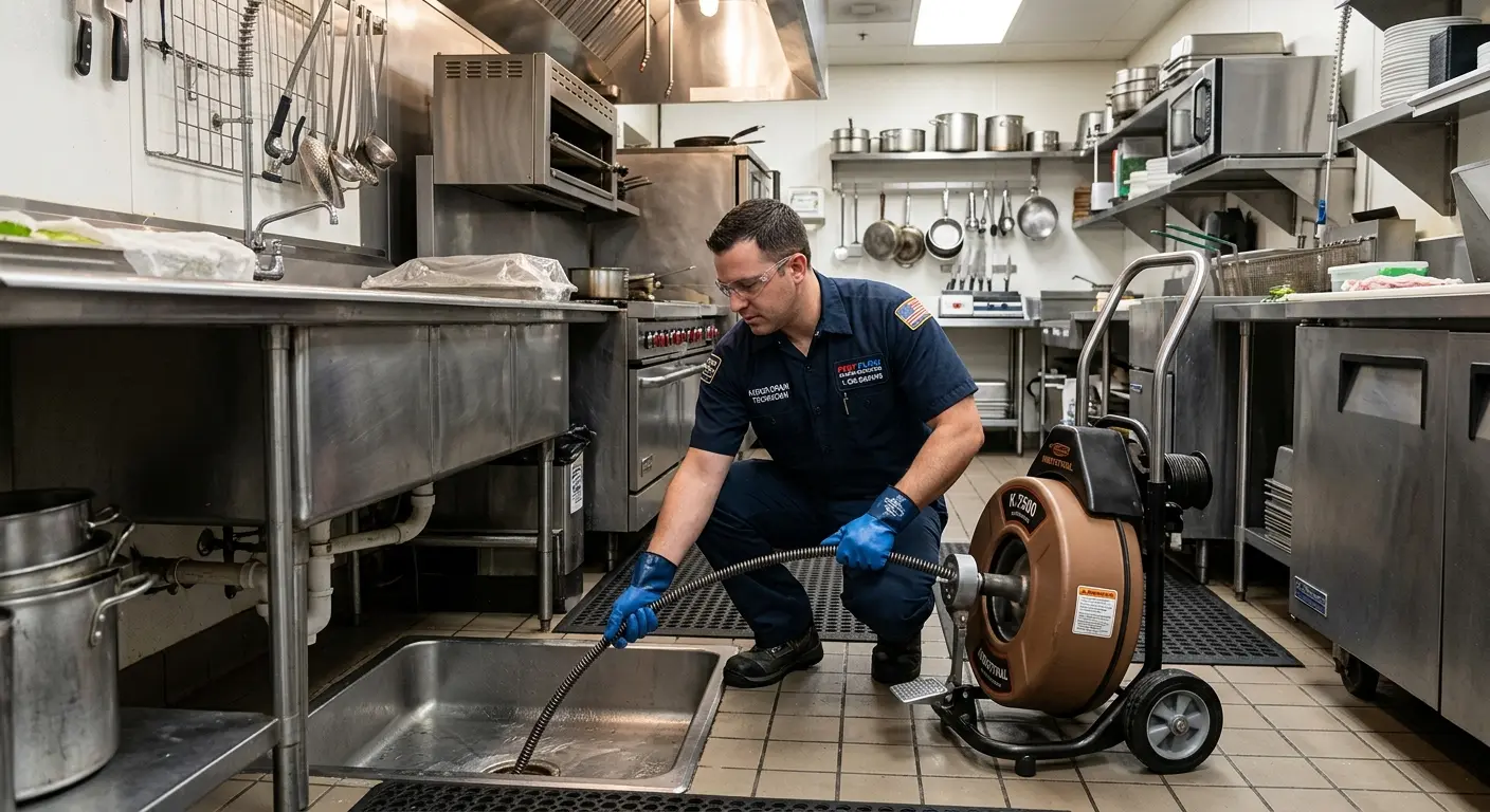 Commercial drain cleaning service in a restaurant kitchen in Whitemarsh Island