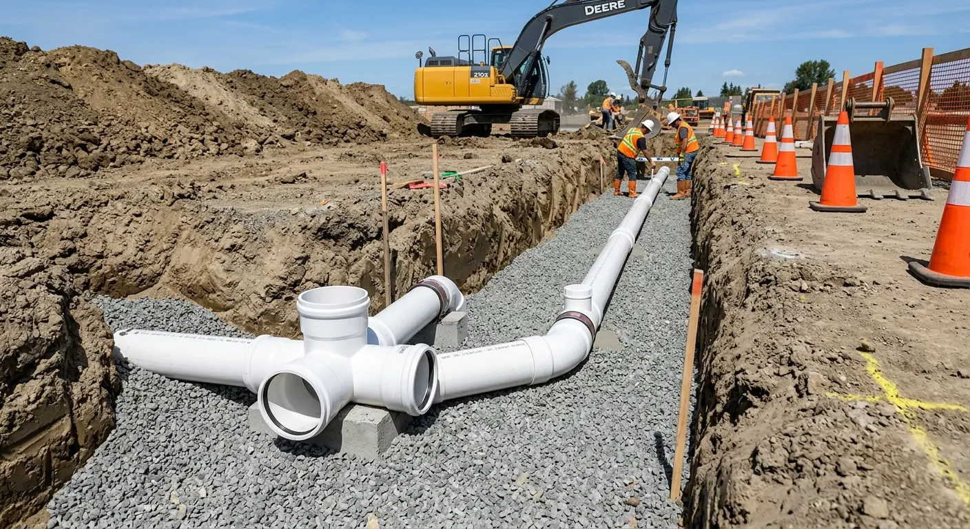 New PVC sewer pipe installation in open trench for Grease Trap Cleaning in Whitemarsh Island