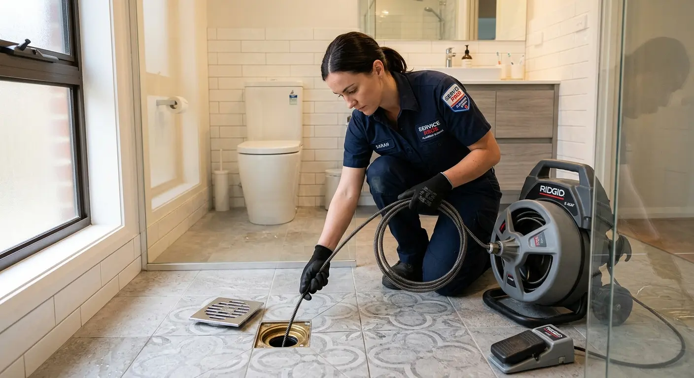 Technician clearing a bathroom floor drain for Sewer Line Installation in Whitemarsh Island